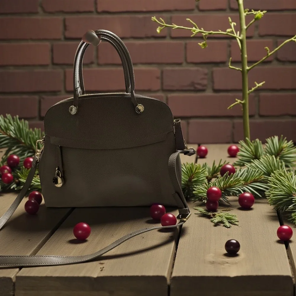 Furla Satchel‎ Bag Grey Pebbled Leather Top Handle Crossbody Bag Made in Italy